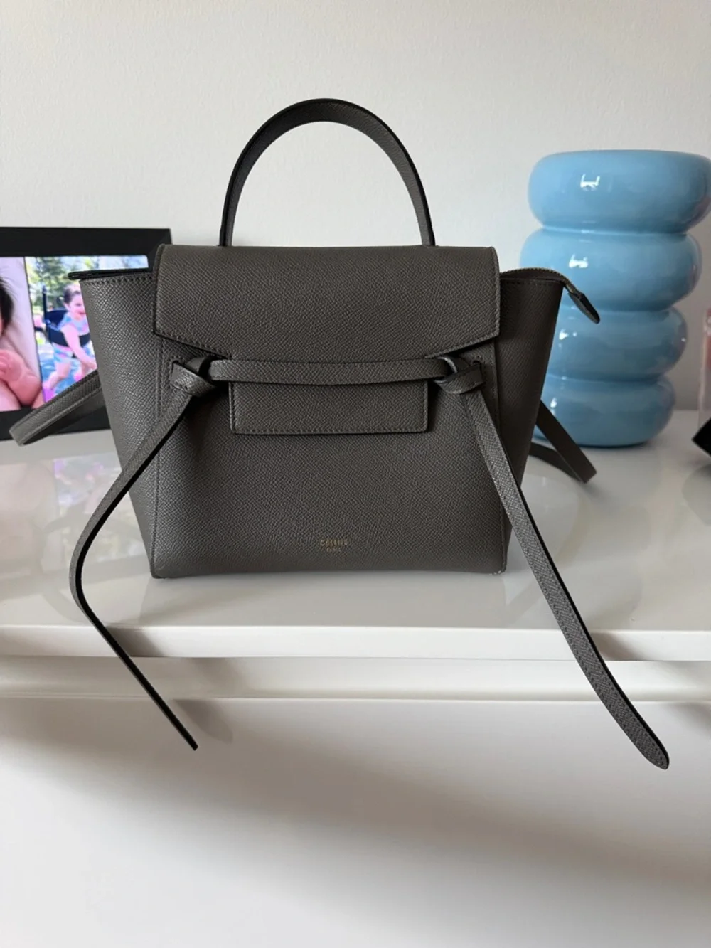 Celine Gray Pebbled Leather Tie-Handle Satchel - Picture 1 of 7